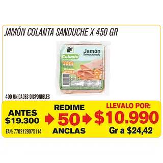 Jamón Sanduche Colanta Maravillones